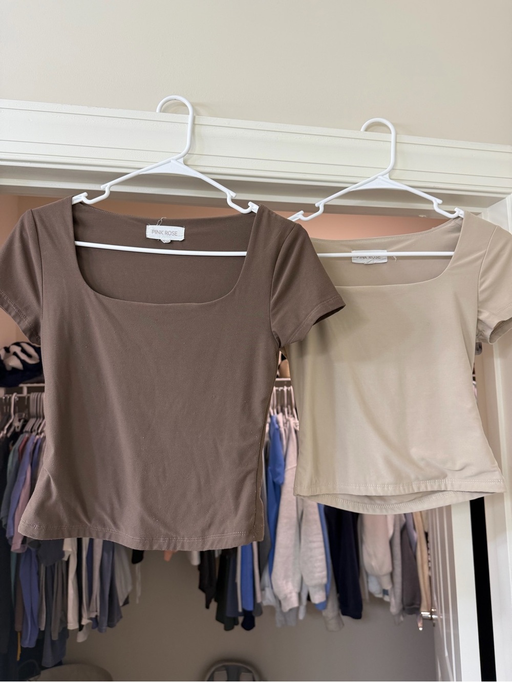 Pink Rose Short Sleeve Scoop Neck Tops in Brown & Beige